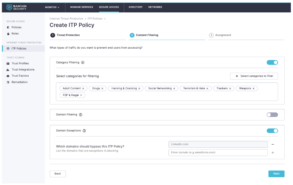 Internet Threat Protection - configuring ITP policy screen shots